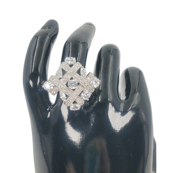 Vtg Simulated-Dmnd CZ Tic Tac Toe Woven Sterling Silver Cocktail Ring 8-1/2 - Picture 1 of 6